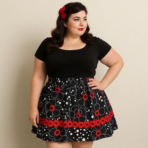 Casonna Skirt Women 18 Black Floral Print Pleated Skirt Red Lace Plus Size Retro